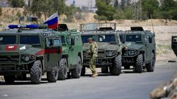 Russian military vehicles are seen in eastern Ghouta near Douma, in Damascus, Syria April 23, 2018. REUTERS/Ali Hashisho