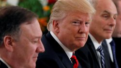 U.S. President Donald Trump flanked by Secretary of State Mike Pompeo and White House Chief of Staff John Kelly attend a lunch with Singapore's Prime Minister Lee Hsien Loong and officials at the Istana in Singapore June 11, 2018. REUTERS/Jonathan Ernst