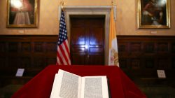 A copy of a letter written by Christopher Columbus, that had been stolen from Vatican archives and returned by United States to the Vatican Library, is seen displayed at the Vatican June 14, 2018. REUTERS/Tony Gentile/Pool