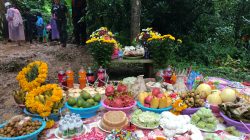 Fruits, desserts and drinks are placed as offerings to the spirits near the Tham Luang caves, where 12 members of an under-16 soccer team and their coach are trapped, in the northern province of Chiang Rai, Thailand, June 26, 2018. REUTERS/Chayut Setboonsarng