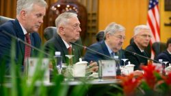 U.S. Defense Secretary Jim Mattis, second from left, speaks during a meeting with China's Defense Minister Wei Fenghe at the Bayi Building in Beijing, China, June 27, 2018. Mark Schiefelbein/Pool via REUTERS