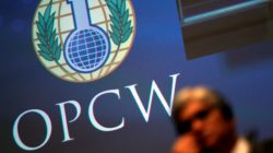 The logo of the Organisation for the Prohibition of Chemical Weapons (OPCW) is seen during a special session in the Hague, Netherlands June 26, 2018. REUTERS/Yves Herman