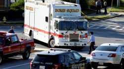 Emergency response vehicles drive near a shooting scene after a gunman opened fire at the Capital Gazette newspaper in Annapolis, Maryland, U.S., June 28, 2018. REUTERS/Joshua Roberts