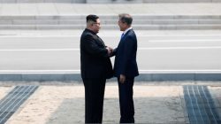 FILE PHOTO - South Korean President Moon Jae-in and North Korean leader Kim Jong Un meet in the truce village of Panmunjom inside the demilitarized zone separating the two Koreas, South Korea, April 27, 2018. Korea Summit Press Pool/Pool via Reuters