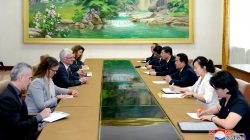 North Korea's Minister of Health Jang Jun Sang meets with the United Nations Under-Secretary-General for Humanitarian Affairs and Emergency Relief Coordinator Mark Lowcork in Pyongyang, North Korea in this photo released July 11, 2018 by North Korea's Korean Central News Agency. KCNA via REUTERS 