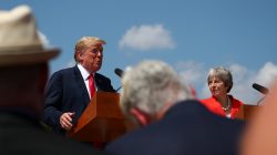 Britain's Prime Minister Theresa May and U.S. President Donald Trump hold a joint news conference at Chequers, the official country residence of the Prime Minister, near Aylesbury, Britain, July 13, 2018. REUTERS/Hannah McKay