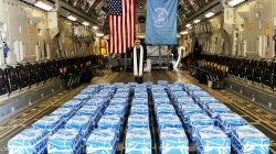 United Nations Command Chaplain U.S. Army Col. Sam Lee performs a blessing of sacrifice and remembrance on the 55 boxes of remains thought to be of U.S. soldiers killed in the 1950-53 Korean War, returned by North Korea to the U.S., at the Osan Air Base in South Korea, July 27, 2018. U.S. Army/ Sgt. Quince Lanford/Handout via REUTERS