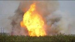 A pipeline explosion erupts in this image captured from video by a field worker in Midland County, the home to the Permian Basin and the largest U.S. oilfield, in Texas, U.S., August 1, 2018. Courtesy Marty Baeza/Handout via REUTERS