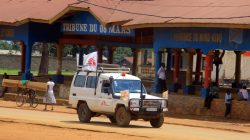 An ambulance from the Medecins Sans Frontieres (MSF) drives through a street in the town of Beni in North Kivu province of the Democratic Republic of Congo, August 2, 2018. REUTERS/Samuel Mambo