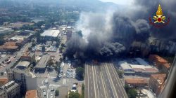 A general view of the motorway after an accident caused a large explosion and fire at Borgo Panigale, on the outskirts of Bologna, Italy, August 6, 2018. Italian Firefighters Press Office/Handout via REUTERS
