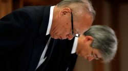 Tetsuo Yukioka (L), Managing Director of Tokyo Medical University and Keisuke Miyazawa, Vice-President of Tokyo Medical University, bow as they attend a news conference in Tokyo, Japan August 7, 2018. REUTERS/Toru Hanai