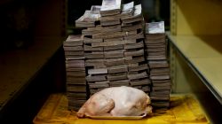 A 2.4 kg chicken is pictured next to 14,600,000 bolivars, its price and the equivalent of 2.22 USD, at a mini-market in Caracas, Venezuela. It was the going price at an informal market in the low-income neighborhood of Catia. REUTERS/Carlos Garcia Rawlins