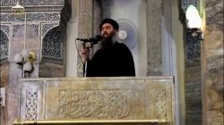 FILE PHOTO: A man purported to be the reclusive leader of the militant Islamic State Abu Bakr al-Baghdadi making what would have been his first public appearance, at a mosque in the centre of Iraq's second city, Mosul, according to a video recording posted on the Internet on July 5, 2014, in this still image taken from video. REUTERS/Social Media Website via Reuters TV/File Photo