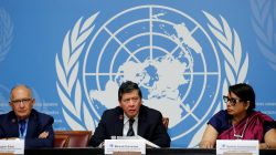 (L-R) Christopher Sidoti, Marzuki Darusman and Radhika Coomaraswamy, members of the Independent International Fact-finding Mission on Myanmar attend a news conference on the publication of its final written report at the United Nations in Geneva, Switzerland, August 27, 2018. REUTERS/Denis Balibouse
