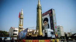 FILE PHOTO: A display featuring missiles and a portrait of Iran's Supreme Leader Ayatollah Ali Khamenei is seen at Baharestan Square in Tehran, Iran September 27, 2017. Nazanin Tabatabaee Yazdi/TIMA via REUTERS