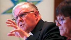 Archbishop Mark Coleridge, President of the Australian Catholic Bishops Conference in Australia, speaks as Sister Monica Cavanagh, President of Catholic Religious Australia, listens during a media conference in Sydney, Australia, August 31, 2018. REUTERS/David Gray