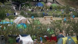 A general view shows tents where migrants live, in the downtown of Nantes, France, September 6, 2018. REUTERS/Stephane Mahe