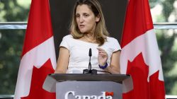FILE PHOTO: Canadian Foreign Minister Chrystia Freeland takes part in a news conference at the Embassy of Canada in Washington, U.S., August 31, 2018. REUTERS/Chris Wattie/File Photo