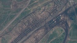 A satellite image of armored vehicles staging during the Russian military exercise known as Vostok 2018, conducted at the Tsugol training area in eastern Russia, September 13, 2018. Satellite image ©2018 DigitalGlobe, a Maxar company/Handout via REUTERS
