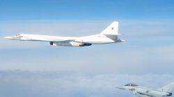 British Royal Air Force Typhoon fighter aircraft from RAF Lossiemouth intercept two Russian Long Range Blackjack bombers and escort them whilst in the UK area of interest. Photograph issued from Lossiemouth, Britain, September 20, 2018. RAF/Ministry of Defence/Handout via REUTERS