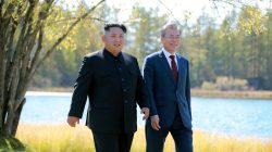 South Korean President Moon Jae-in and North Korean leader Kim Jong Un walk during a luncheon, in this photo released by North Korea's Korean Central News Agency (KCNA) on September 21, 2018. KCNA via REUTERS