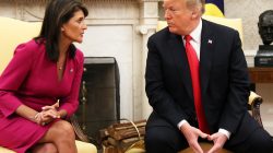 U.S. President Donald Trump talks with U.N. Ambassador Nikki Haley in the Oval Office of the White House after it was reported the president had accepted the Haley's resignation. REUTERS/Jonathan Ernst