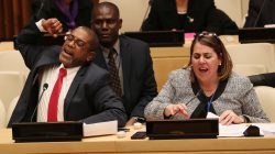 Cuban diplomats protest the launch of a U.S. campaign on Cuban political prisoners at the United Nations in New York, U.S., October 16, 2018. REUTERS/Shannon Stapleton