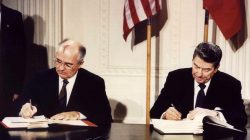 FILE PHOTO: U.S. President Ronald Reagan (R) and Soviet President Mikhail Gorbachev sign the Intermediate-Range Nuclear Forces (INF) treaty at the White House, Washington, on December 8 1987. REUTERS/Stringer