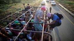 Migrants, part of a caravan of thousands from Central America en route to the United States, hitchhike on a truck along the highway to Arriaga from Pijijiapan, Mexico, October 26, 2018. REUTERS/Ueslei Marcelino