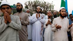 Supporters of religious and political party Jamaat-e-Islami (JI) hold their palms to pray in a protest, after the Supreme Court overturned the conviction of a Christian woman sentenced to death for blasphemy against Islam, in Karachi, Pakistan October 31, 2018. REUTERS/Akhtar Soomro