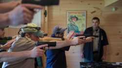 Trainees practice an Israeli shooting method as they take part in the Cherev Gidon Firearms Training Academy in Honesdale, Pennsylvania, U.S. August 5, 2018. REUTERS/Noam Moskowitz