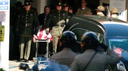 The body of Ventura County Sheriff Sgt. Ron Helus, who was shot and killed in a mass shooting at a bar is transferred to a hearse for procession from the Los Robles Medical Center in Thousand Oaks, California, U.S., November 8, 2018. REUTERS/Ringo Chiu